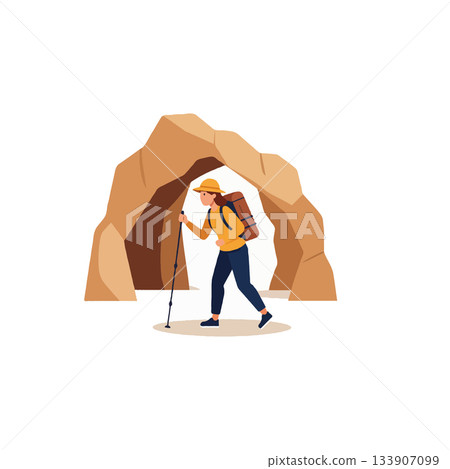Adventurous traveler exploring a natural rock formation with a hiking stick and backpack Adventurous traveler exploring a natural rock formation with a hiking stick and backpack 133907099
