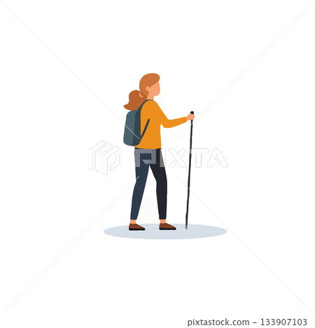 Female solo hiker trekking mountain path with walking stick ready to outdoor adventure healthy 133907103