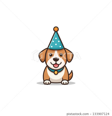 Celebration puppy illustration: A cheerful birthday dog wearing a polka dotted party hat for 133907124