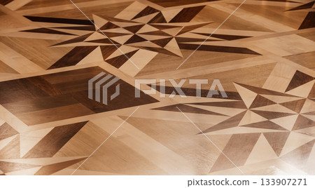 Wooden parquet covers neoclassical interior floor, different wood types 133907271