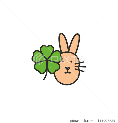 Whimsical lucky rabbit illustration with a four leaf clover radiating charm and happy simple design 133907285