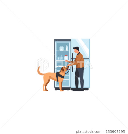 Person interacting with assistance pet near open refrigerator in the kitchen during day happy moment 133907295