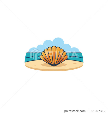 Stylized seashell illustration with coastal backdrop evoking tranquil beach vibes and summer 133907312