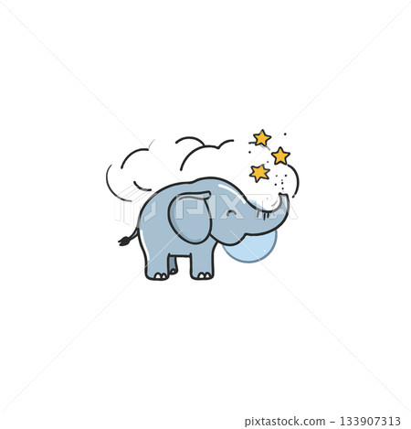 Whimsical baby elephant blowing stars with playful clouds animation illustration design element 133907313