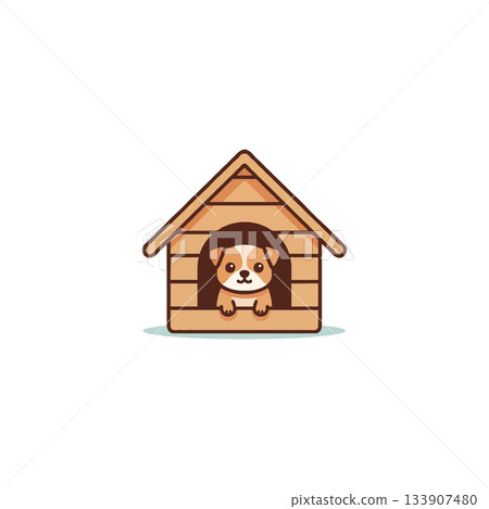 Adorable puppy looks out from its cozy wooden doghouse in a charming cartoon illustration creating 133907480