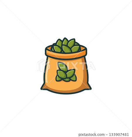 Cartoonish sack filled with green leaves artistic botanical harvest illustration element and 133907481