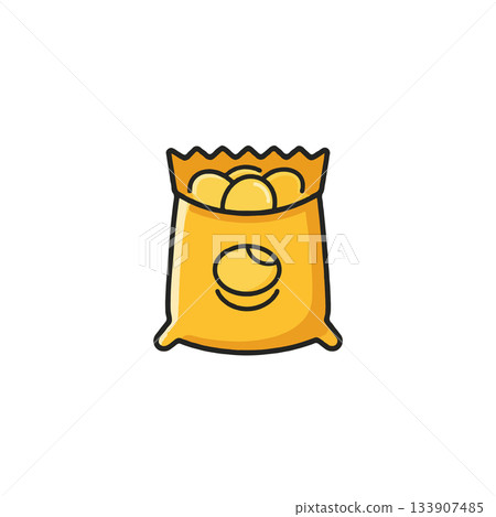 Cartoon depiction of a bag filled with golden potato chips, showcasing a snack time treat Cartoon depiction of a bag filled with golden potato chips, showcasing a snack time treat 133907485