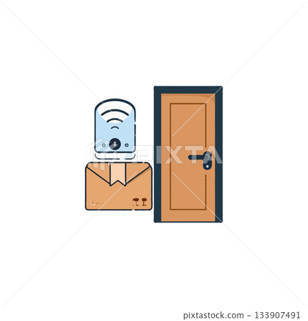 Depiction of modern package delivery system utilizing wireless technology beside a secured door Depiction of modern package delivery system utilizing wireless technology beside a secured door 133907491