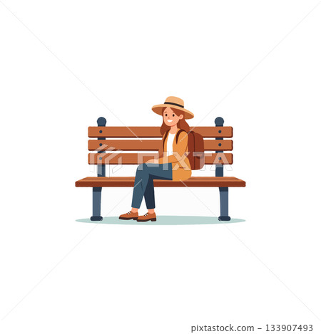 Young woman rests on wooden bench enjoying tranquility after leisurely hike wearing hat and Young woman rests on wooden bench enjoying tranquility after leisurely hike wearing hat and 133907493