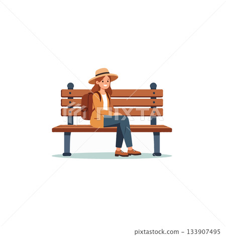A thoughtful young traveler seated on a wooden park bench enjoying a serene moment of A thoughtful young traveler seated on a wooden park bench enjoying a serene moment of 133907495
