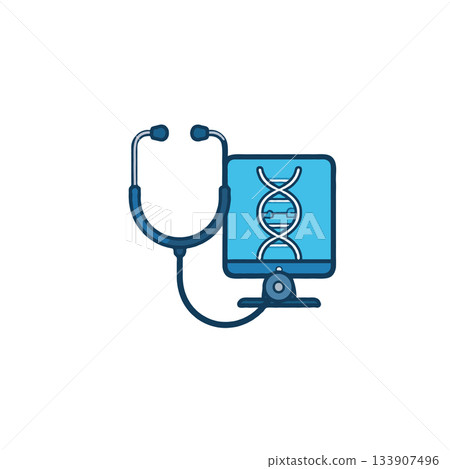 Medical research concept showcasing stethoscope connected to a monitor displaying dna strands in a Medical research concept showcasing stethoscope connected to a monitor displaying dna strands in a 133907496