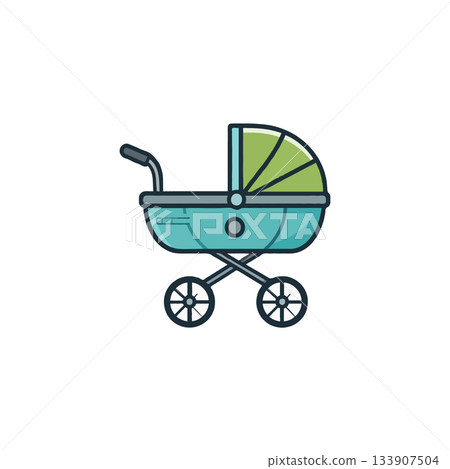 Stylized baby stroller illustration showcasing modern minimalist design and cheerful pastel color 133907504