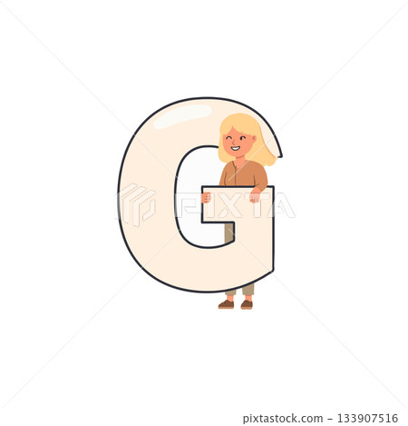 Blonde girl playfully presents letter G symbolizing a joyful educational concept involving 133907516