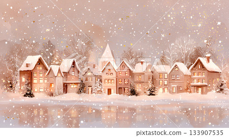 A row of houses standing on a quiet lakeside in winter 133907535