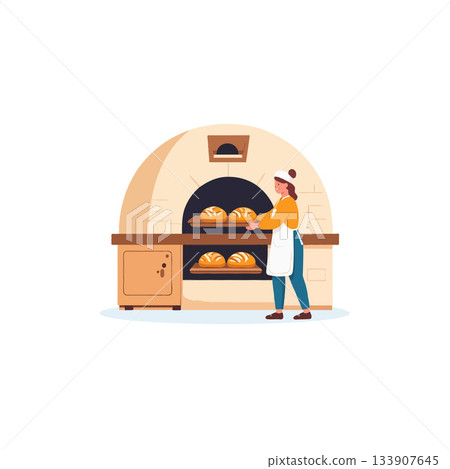 Female baker pulls fresh breads from a traditional stone oven in a cozy bakery illustration Female baker pulls fresh breads from a traditional stone oven in a cozy bakery illustration 133907645