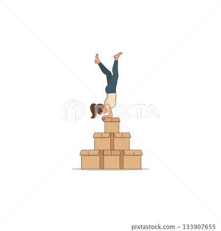 Balancing life's challenges: Woman performs handstand atop stacked boxes symbolizing resilience Balancing life's challenges: Woman performs handstand atop stacked boxes symbolizing resilience 133907655