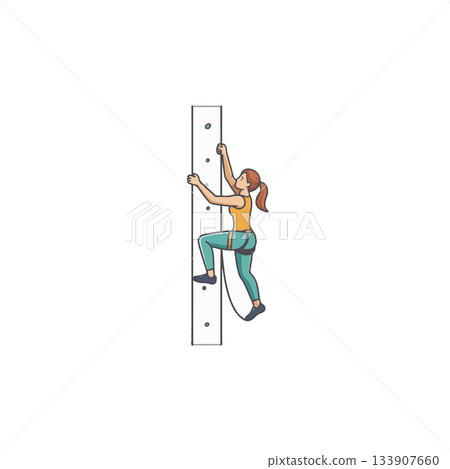 A determined woman ascends an indoor climbing wall, engaging in a challenging fitness routine with 133907660