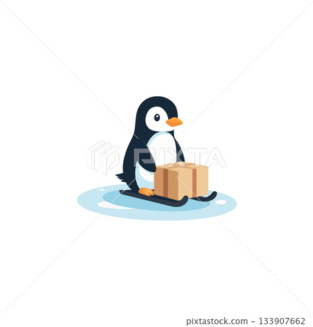 Penguin winter delivery illustration with a box on ice cartoon vector cheerful winter animals 133907662