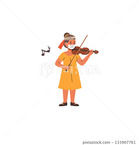 Young violinist practicing during pandemic shows passion playing musical instrument in difficult 133907761