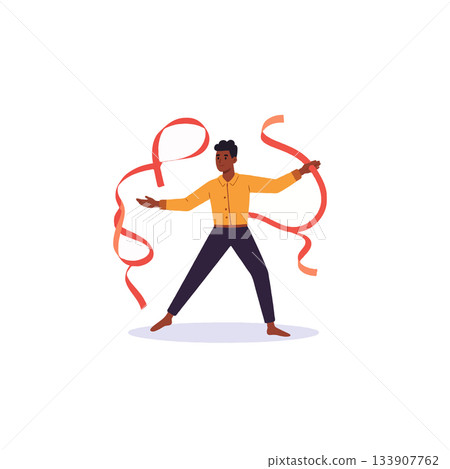 Expressive rhythmic gymnast showcasing captivating moves with flowing red ribbons in a dynamic 133907762