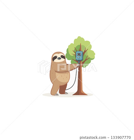 Adorable sloth installing innovative monitoring device on tree for environmental research and 133907770