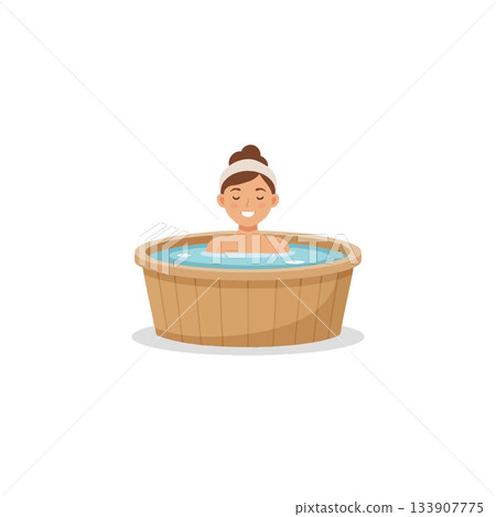Serene woman enjoying relaxation in a wooden tub filled with water for a therapeutic spa experience Serene woman enjoying relaxation in a wooden tub filled with water for a therapeutic spa experience 133907775