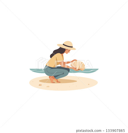 Woman enjoying a serene beach moment while exploring seashells on the sand at oceanfront tranquility 133907865
