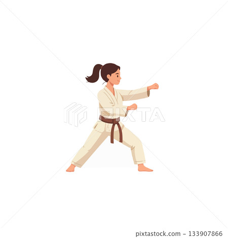 Female martial artist demonstrating a punch during a karate training session in a bright dojo for 133907866