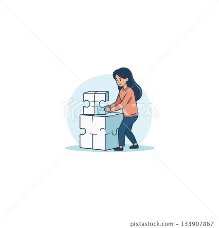 Conceptual Illustration of Woman Assembling Large Puzzle Pieces Showing Problem Solving Strategy 133907867