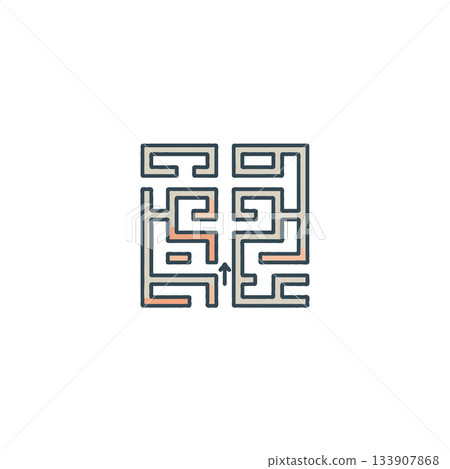 Intricate square labyrinth graphic with visible path illustrating problem solving and strategic 133907868