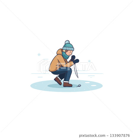 A lone figure intently ice fishing on a frozen expanse depicted in a minimalist style showing 133907876