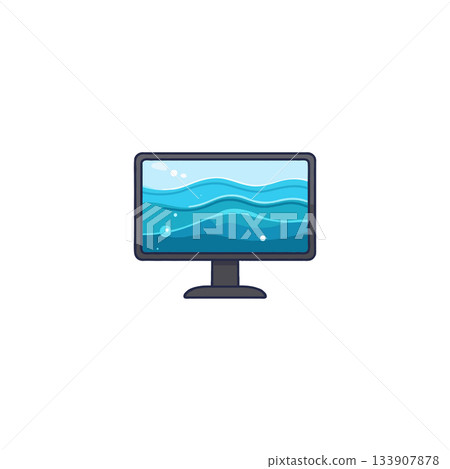 Sleek modern monitor displaying stylized ocean waves illustration symbolizing digital relaxation 133907878