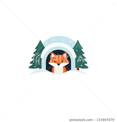 Charming fox nestled within a whimsical winter scene amidst snowy trees and a snow covered archway Charming fox nestled within a whimsical winter scene amidst snowy trees and a snow covered archway 133907879