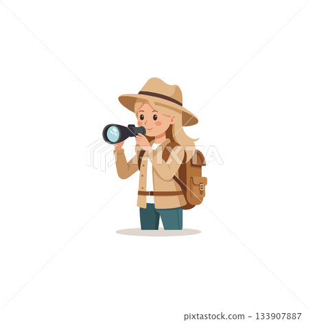 Enthusiastic explorer with backpack observes distant landscapes attentively using her binoculars 133907887