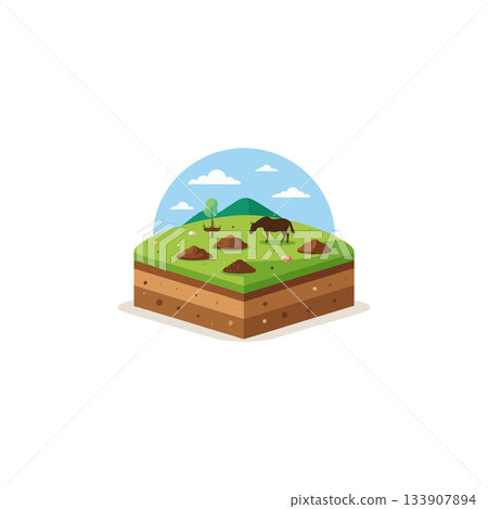 Illustration of a horse grazing on green field with soil composition in cross section and distant Illustration of a horse grazing on green field with soil composition in cross section and distant 133907894