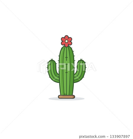 Stylized green cactus adorned with vibrant red flower against clean white backdrop portraying 133907897