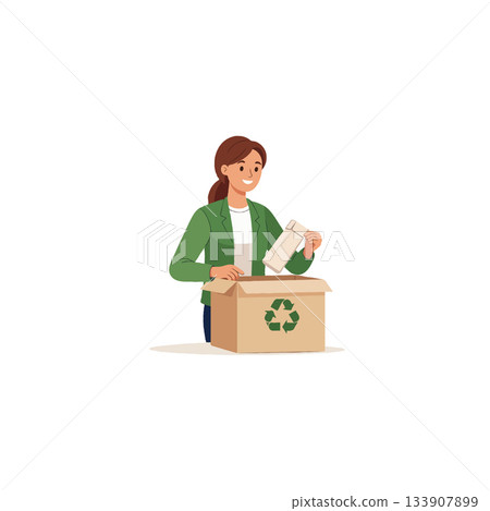 Illustrative depiction of a mindful woman responsibly segregating waste, showcasing 133907899