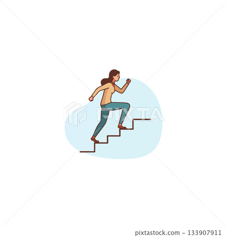Determined woman climbs staircase toward achievement illustrating perseverance advancement and 133907911