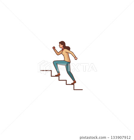 Determined woman ascends staircase symbolizing progress achievement and career advancement with 133907912
