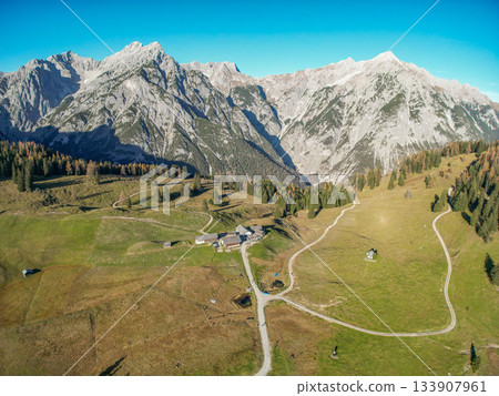 Walderalm Gnadenwald scenic landscape view Nordkette mountain alps in Tyrol aerial view of Alps near Innsbruck Austria Walderalm Gnadenwald scenic landscape view Nordkette mountain alps in Tyrol aerial view of Alps near Innsbruck Austria 133907961