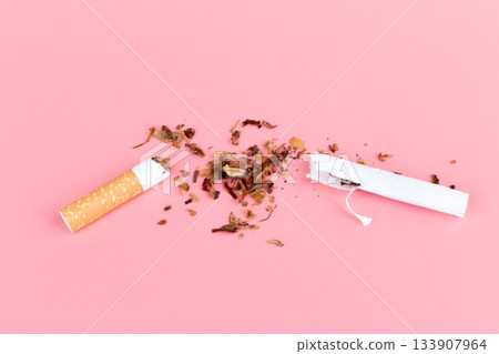 cigarette butts torn on pink background cigarette butts torn on pink background 133907964