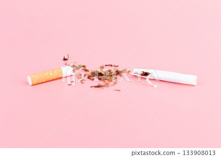 cigarette butts torn on pink background cigarette butts torn on pink background 133908013