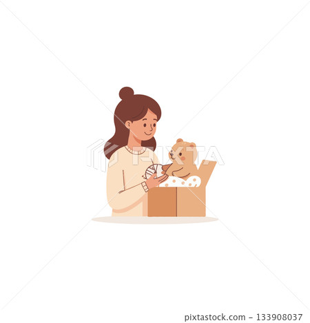 A young woman thoughtfully assembling a charming teddy bear toy from a cardboard box present 133908037
