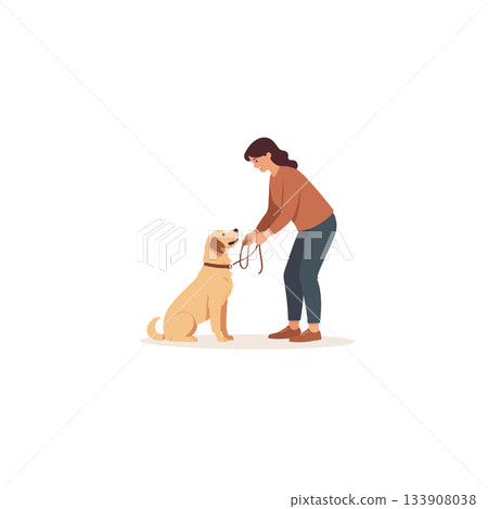 A woman gently guiding her golden retriever companion with a leash during training exercise 133908038
