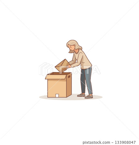 Woman carefully placing a smaller cardboard box into a larger container preparing for relocation 133908047