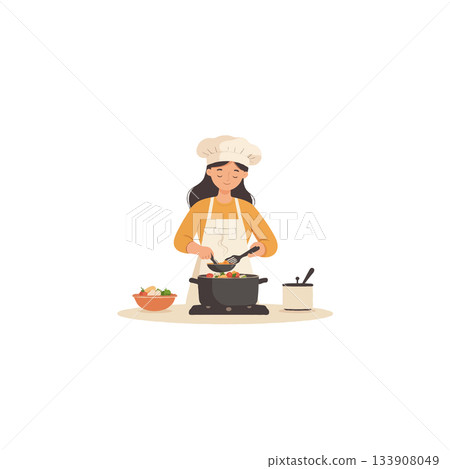 Woman prepares a savory dish with passion illustrating culinary arts and domestic kitchen scene 133908049
