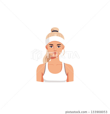 Focused athletic woman in sportswear ready for intense workout with a determined gaze of self care 133908053