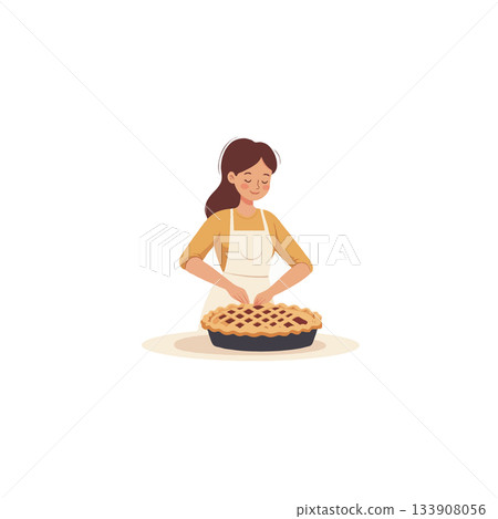 Cheerful woman creating a homemade pie with lattice crust in kitchen culinary delight showcasing Cheerful woman creating a homemade pie with lattice crust in kitchen culinary delight showcasing 133908056