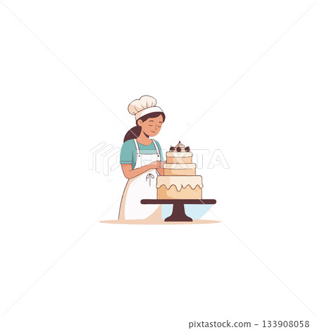 Baking perfection: A skilled pastry chef meticulously decorates a multi tiered cake in a brightly Baking perfection: A skilled pastry chef meticulously decorates a multi tiered cake in a brightly 133908058
