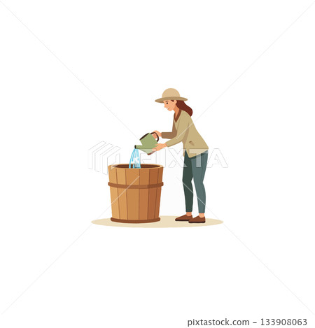 A young woman elegantly pours fresh water from a green can into a large wooden barrel on white A young woman elegantly pours fresh water from a green can into a large wooden barrel on white 133908063